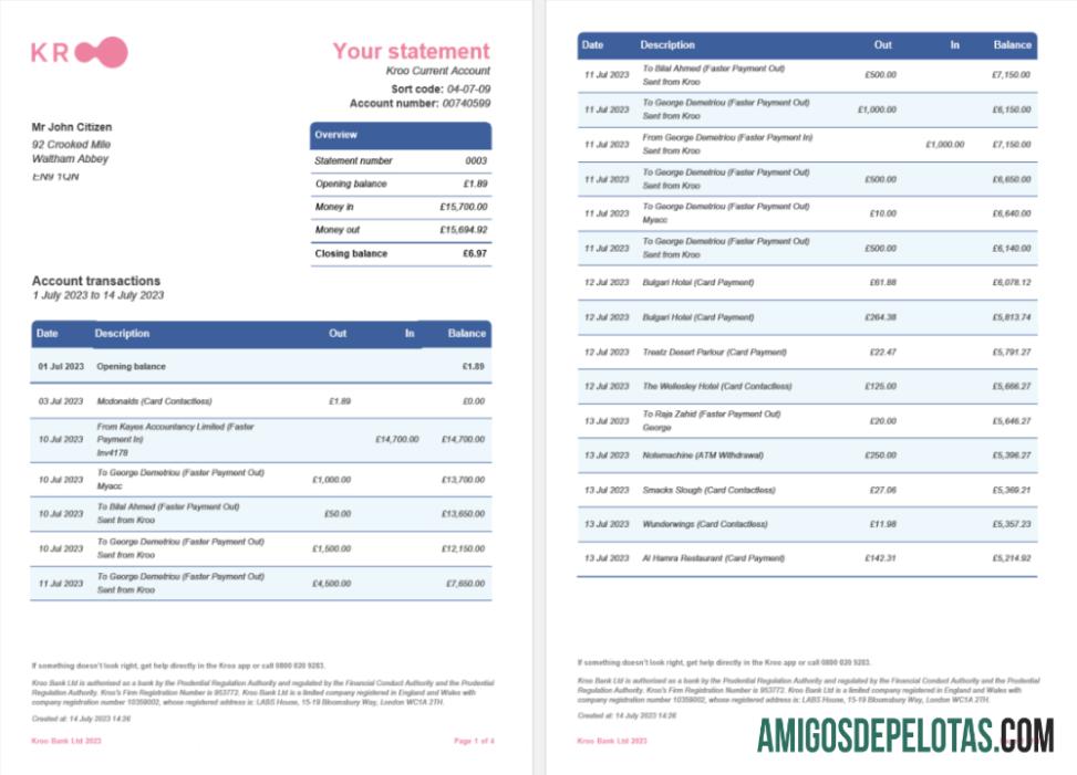 Extrato bancário Kroo do Reino Unido para download, modelo Word e PDF, 4 páginas 1 2